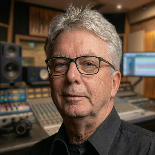 Peter Blair, a man with gray hair and glasses, stands in front of audio mixing equipment in a recording studio.