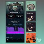 A music streaming analytics app displays Connie Conway’s success story with 10 million streams, recent streaming trends, and several album covers on the right side.
