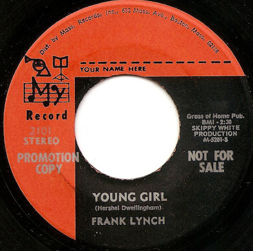 A vinyl record labeled "Young Girl" by Frank Lynch, marked as a promotional copy and not for sale, features a black and red design—echoing the spirit of The Tragic Fates of 2 Regional Greats Reclaim the Spotlight—with added production details.