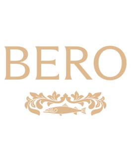The image shows the words "Bero Brewing" in large tan letters above a decorative design with a fish and leaves, all set against a white background.