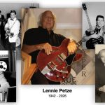 A collage of Lennie Petze with musicians and guitars, at a desk, and holding a gold record award; text reads "Remembering the Great Lennie Petze 1942 - 2026.