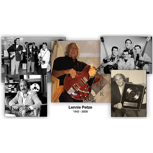 A collage features Boston Musician Lennie Petze—an A&R Royalty—pictured with musicians, holding a guitar, in a recording studio, and with a gold record. Text below reads "Lennie Petze 1942-2026.