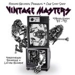 Black and white illustration of skeleton rock musicians on stacked vintage TVs, with “Vintage Masters” and album details in a bold font, reminiscent of Lucian Blaque Land at Tribeca Film Fest.