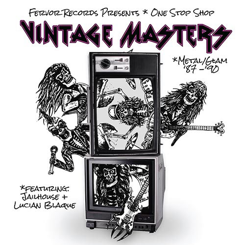 Black and white illustration of skeleton rock musicians on stacked vintage TVs, with “Vintage Masters” and album details in a bold font, reminiscent of Lucian Blaque Land at Tribeca Film Fest.