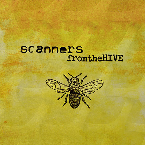 Yellow textured background with black text reading "scanners fromtheHIVE" above a detailed bee illustration at the center, inspired by the vibrant energy of UK creative design.