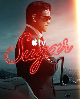 A man in a suit and sunglasses stands by a car with a city view, evoking the cool vibe of a 1971 soul ballad. "Apple TV Sugar" is written in red neon script over the image, reminiscent of Ray Zeiner's smooth style.
