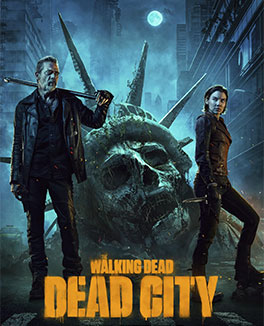 Two people stand in a dark city street with the ruined head of the Statue of Liberty behind them; the text reads “Walking Dead Dead City,” an intense new thriller coming to AMC Premiere.